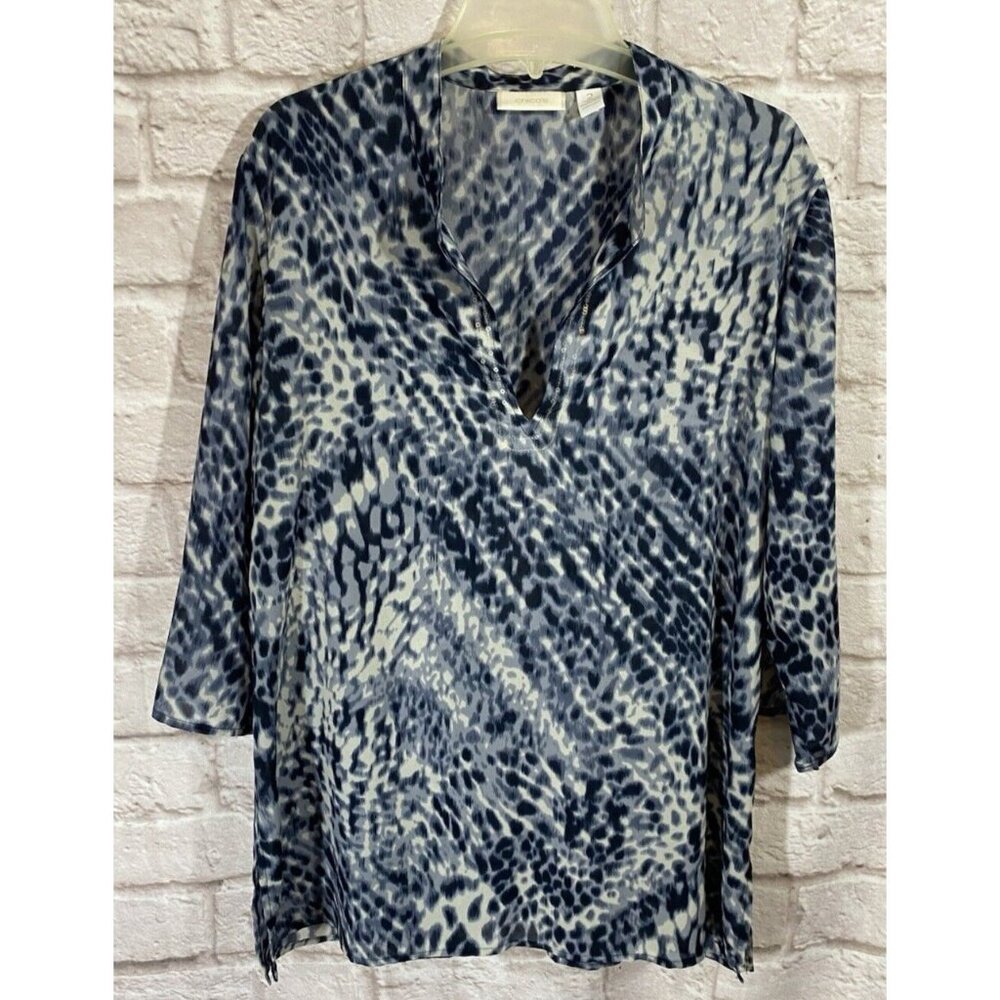 Chicos 2 L Blue White Tunic Sheer Top V Neck 3/4 Sleeve Sequin Trim Glitsy 9861